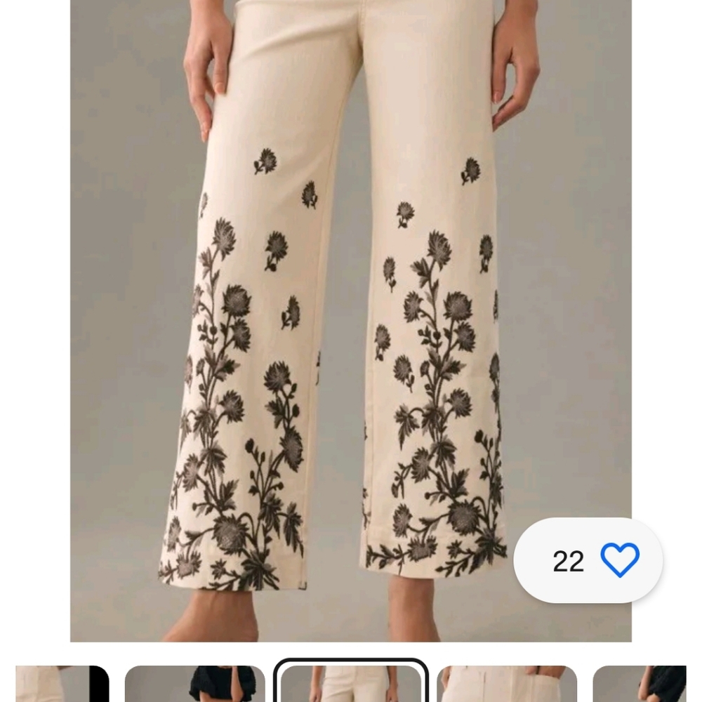 Anthropologie Cream Ankle Jeans with Black Floral Embroidery - Picture 5 of 8